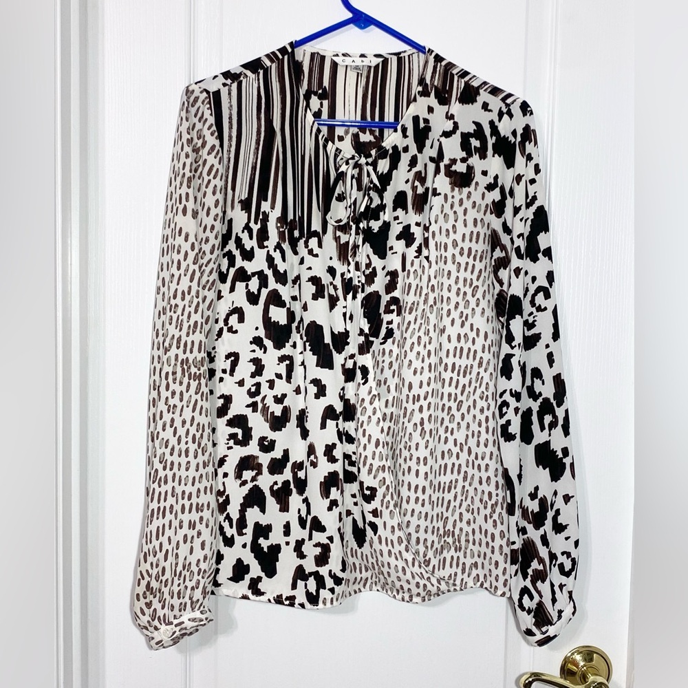 CAbi Animal Print Surplice Faux Wrap Tie Neck Semi Sheer Blouse White Black M